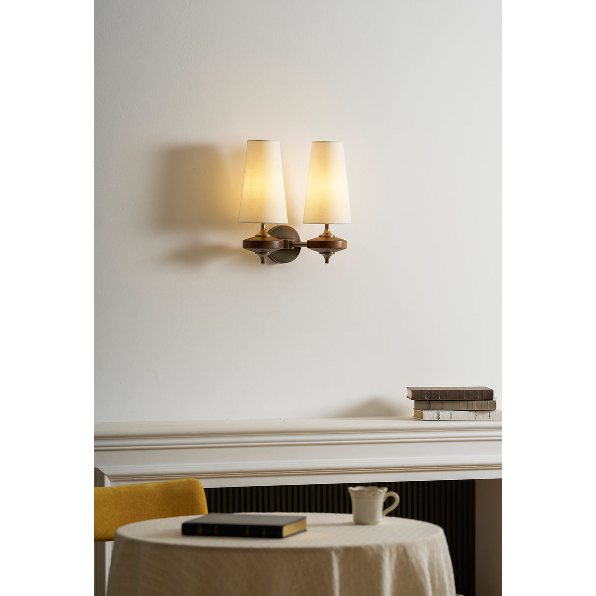 Orlan Twin Fabric Shade Wall Sconce in Walnut and Bronze