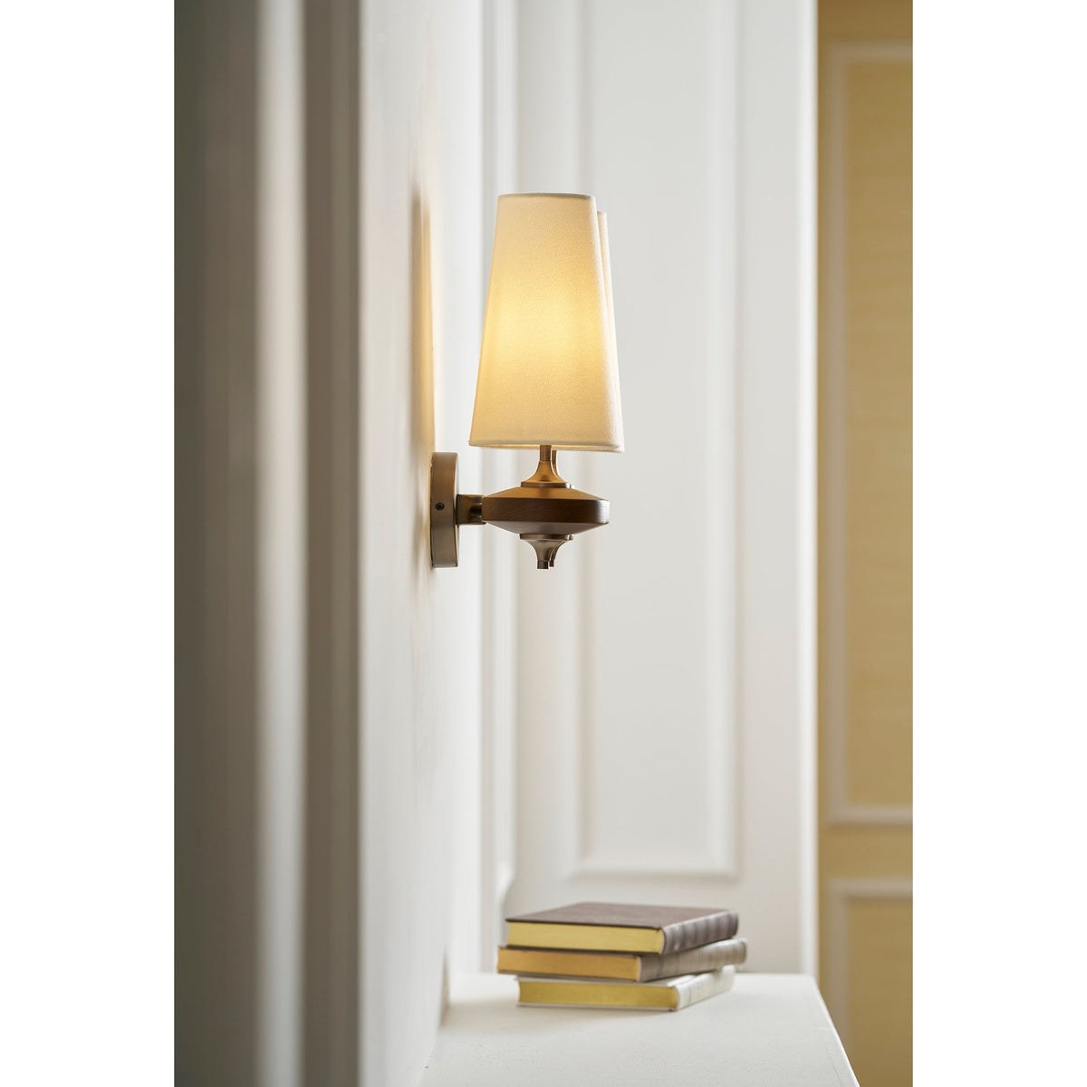 Orlan Twin Fabric Shade Wall Sconce in Walnut and Bronze