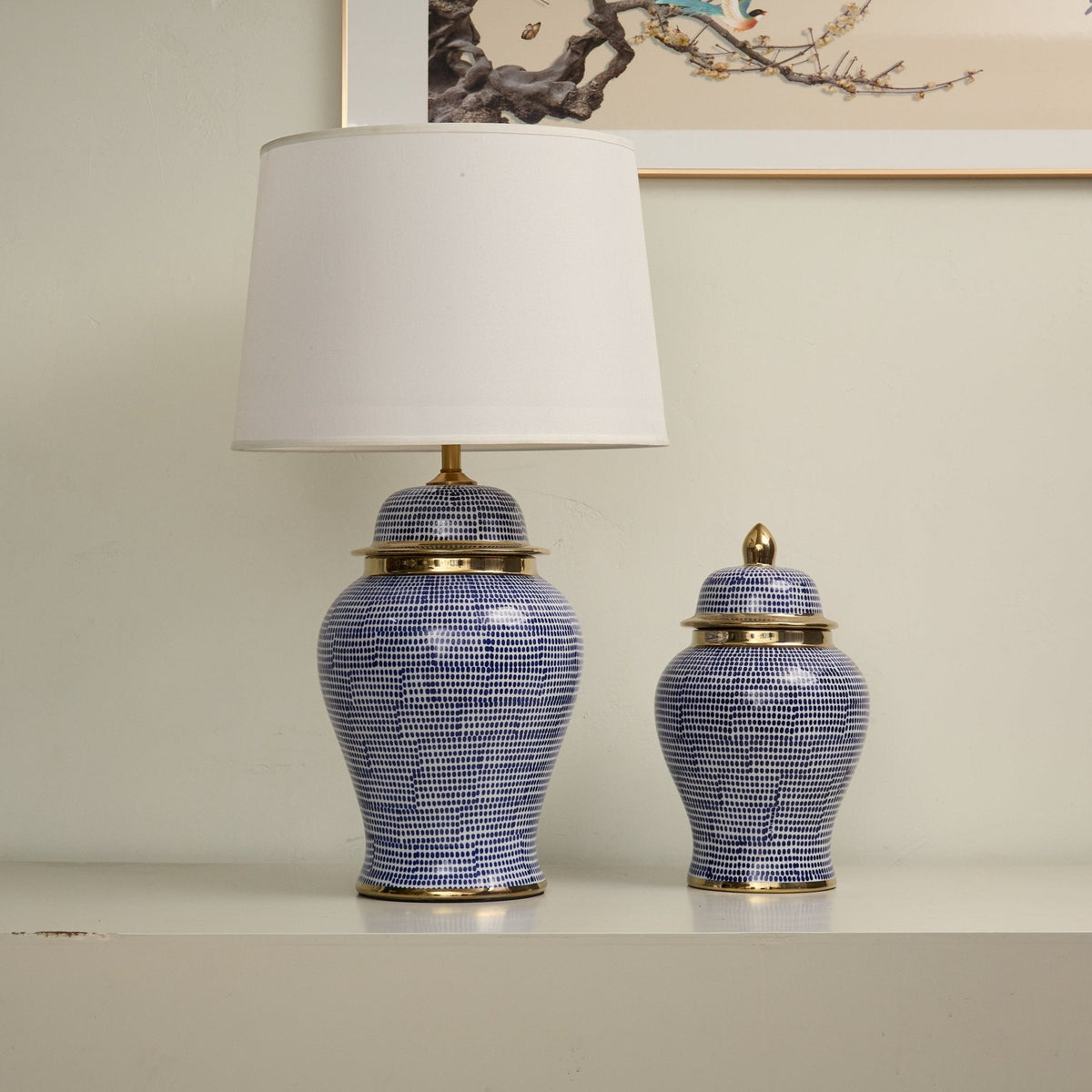 Indigo Dot Ceramic Table Lamp with Brass Accents and Fabric Shade