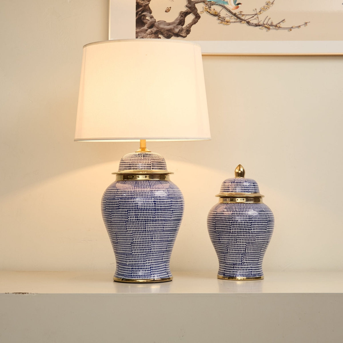 Indigo Dot Ceramic Table Lamp with Brass Accents and Fabric Shade