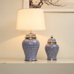 Indigo Dot Ceramic Table Lamp with Brass Accents and Fabric Shade