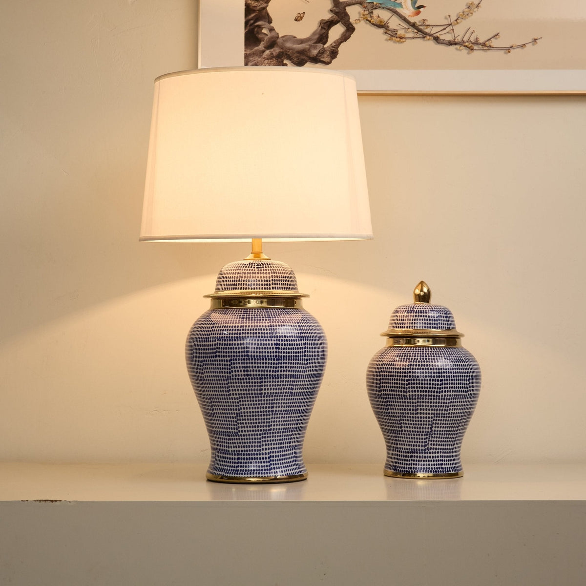 Indigo Dot Ceramic Table Lamp with Brass Accents and Fabric Shade