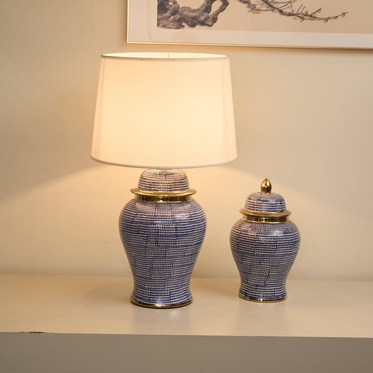 Indigo Dot Ceramic Table Lamp with Brass Accents and Fabric Shade