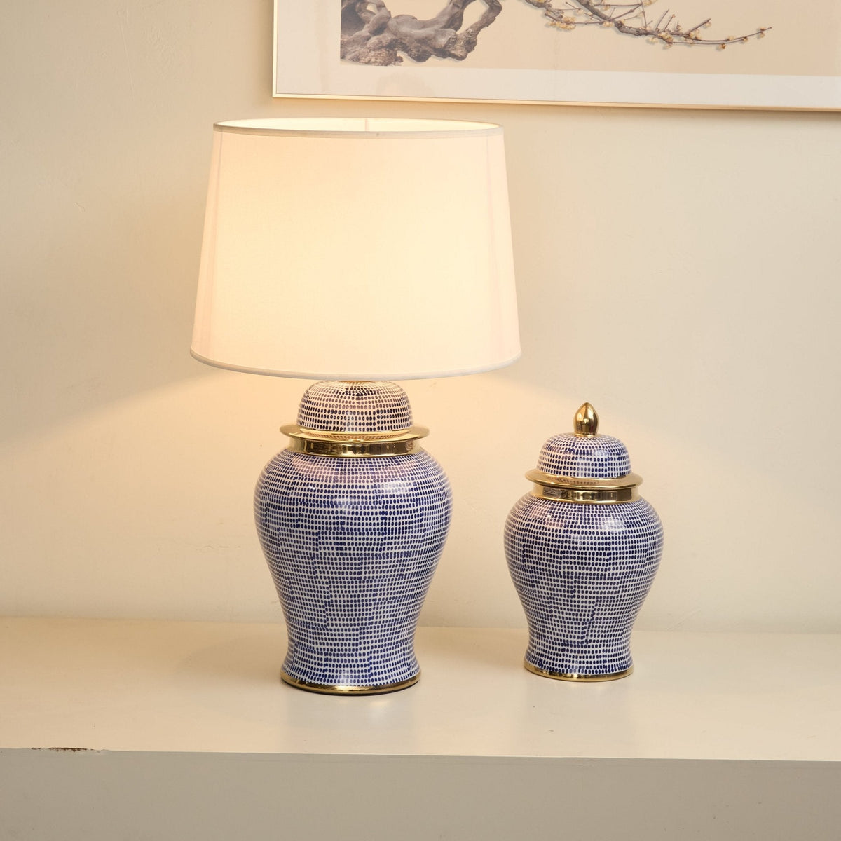 Indigo Dot Ceramic Table Lamp with Brass Accents and Fabric Shade