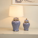 Indigo Dot Ceramic Table Lamp with Brass Accents and Fabric Shade