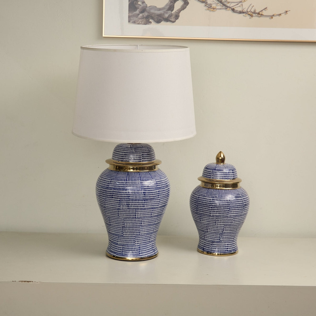 Indigo Dot Ceramic Table Lamp with Brass Accents and Fabric Shade