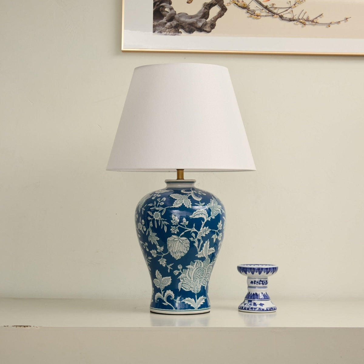 Indigo Ceramic Table Lamp with Floral Vine Motif for Living Room & Bedroom