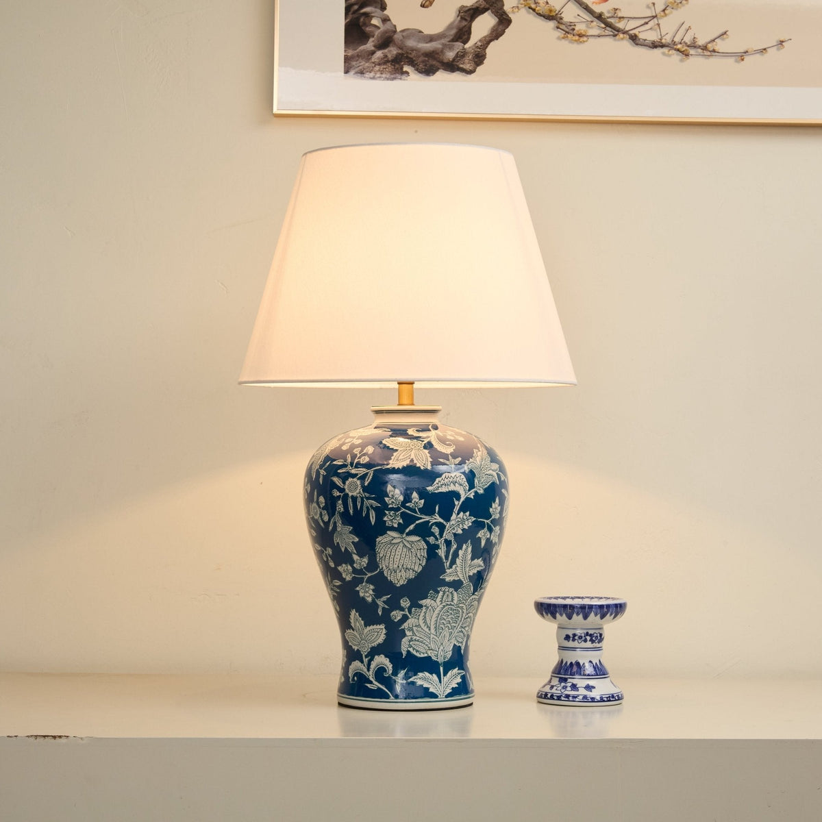 Indigo Ceramic Table Lamp with Floral Vine Motif for Living Room & Bedroom