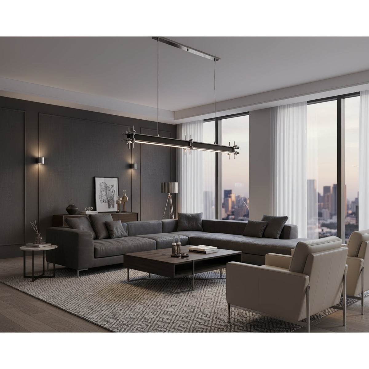 Industrial Axis Linear LED Pendant Light for Kitchen Island, Modern Metal Hanging Lamp