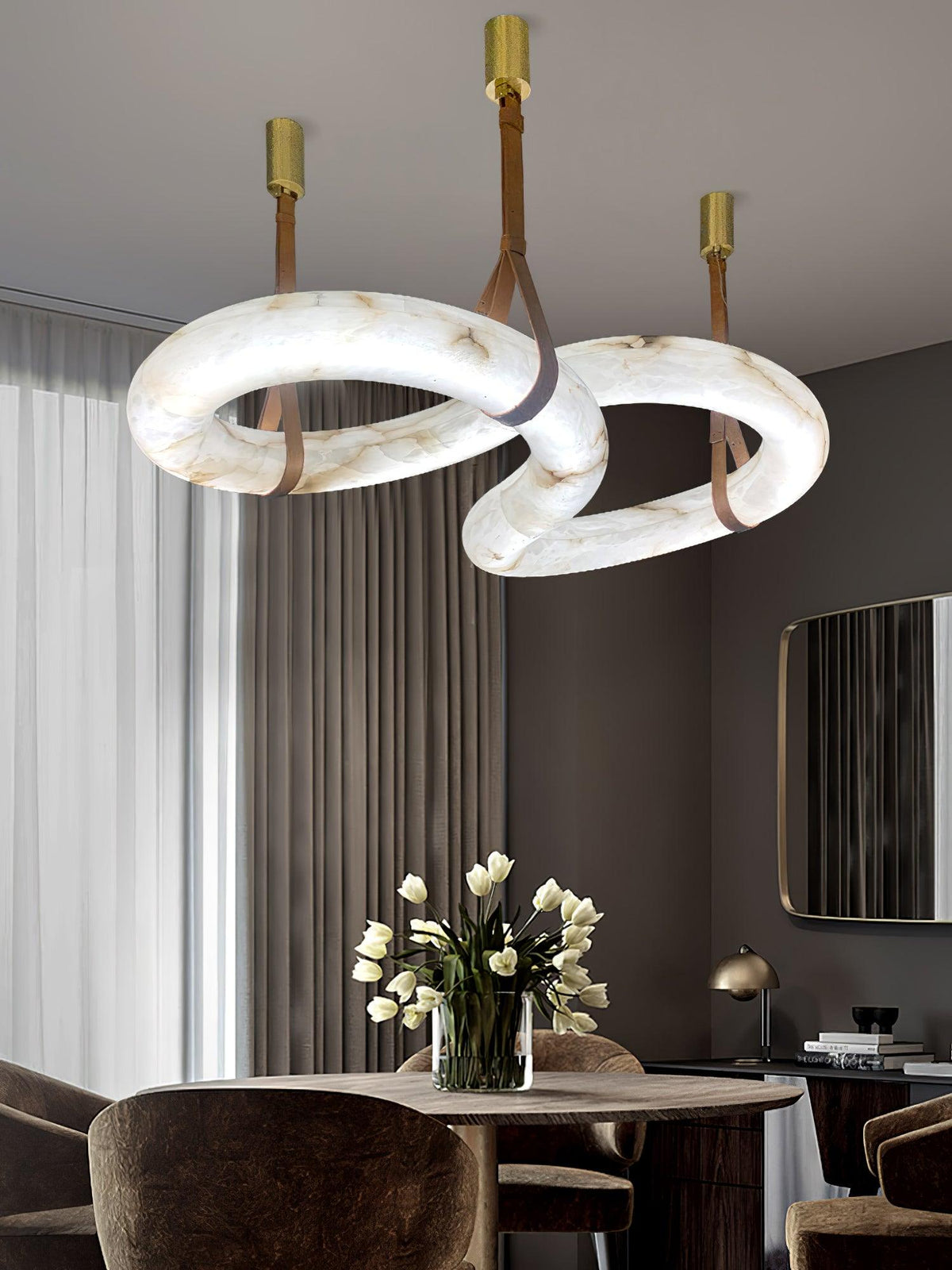Infinity Alabaster Pendant Light in Brass and Leather