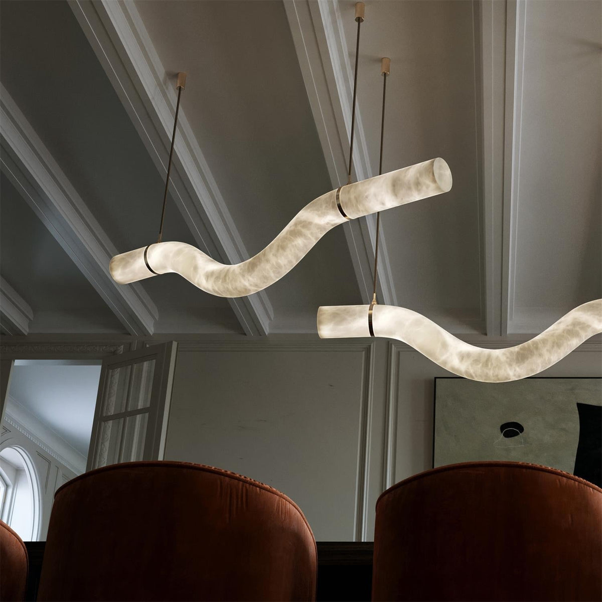 Infinity Alabaster Pendant Light in Brass and Leather