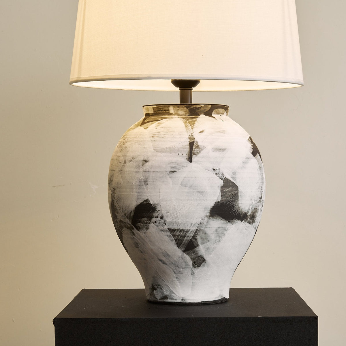 Inkwash Ceramic Table Lamp with Hand-Painted Abstract Base and White Fabric Shade