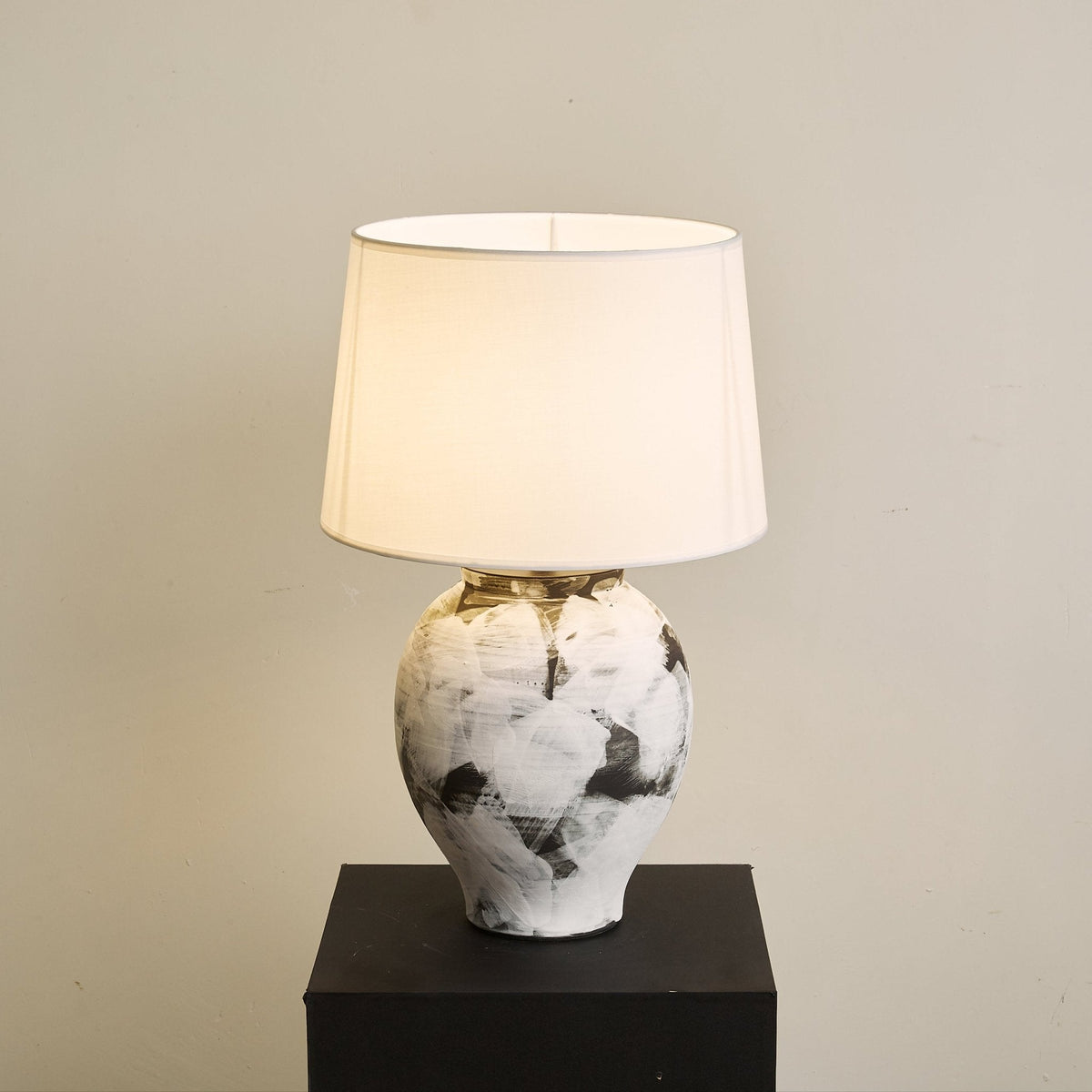 Inkwash Ceramic Table Lamp with Hand-Painted Abstract Base and White Fabric Shade