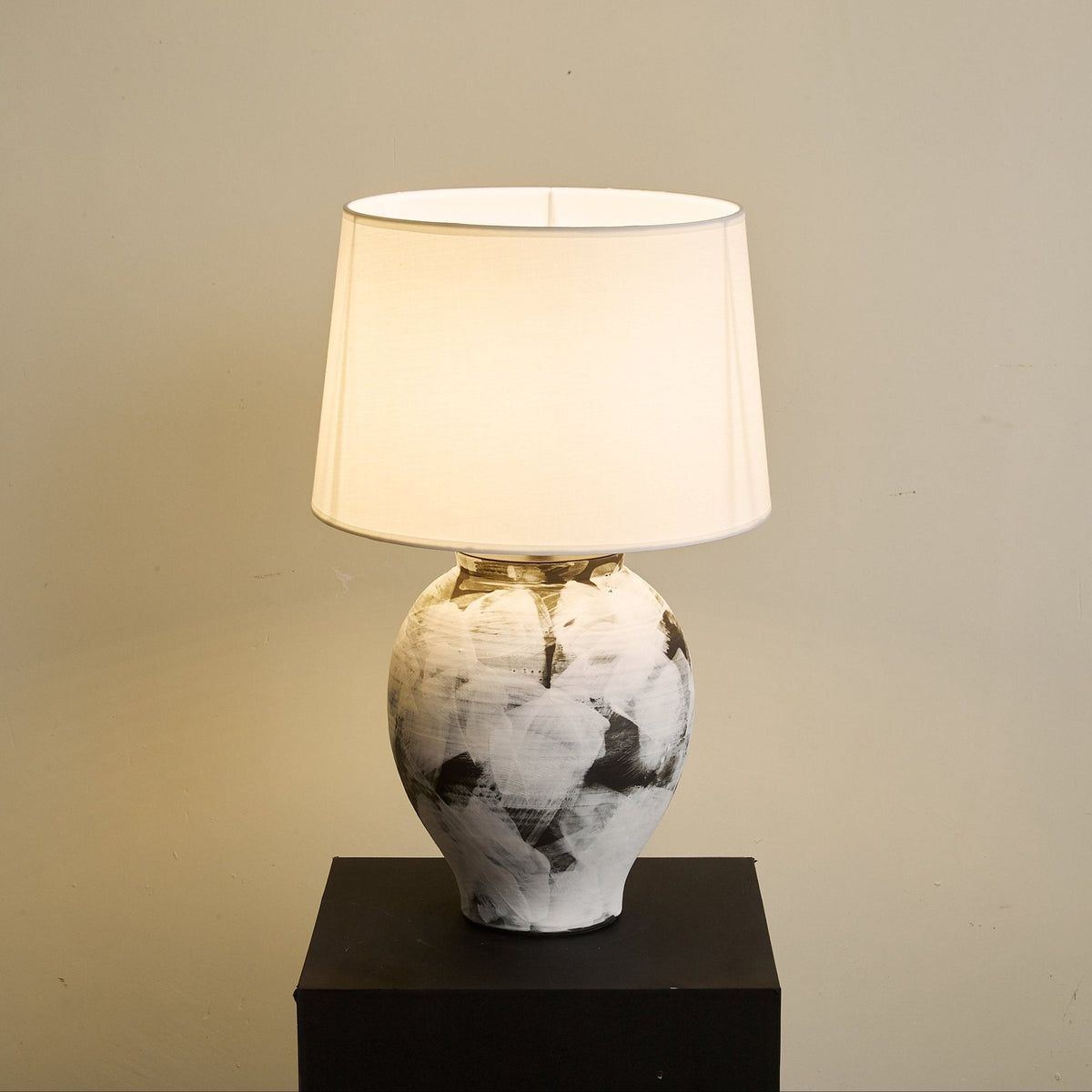 Inkwash Ceramic Table Lamp with Hand-Painted Abstract Base and White Fabric Shade