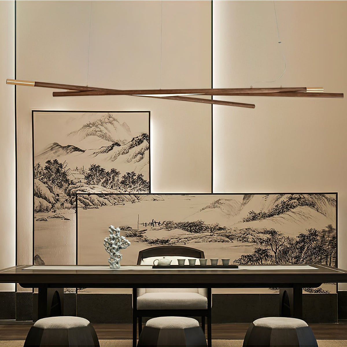Intersect Modern Wood LED Chandelier for Dining Room and Living Space