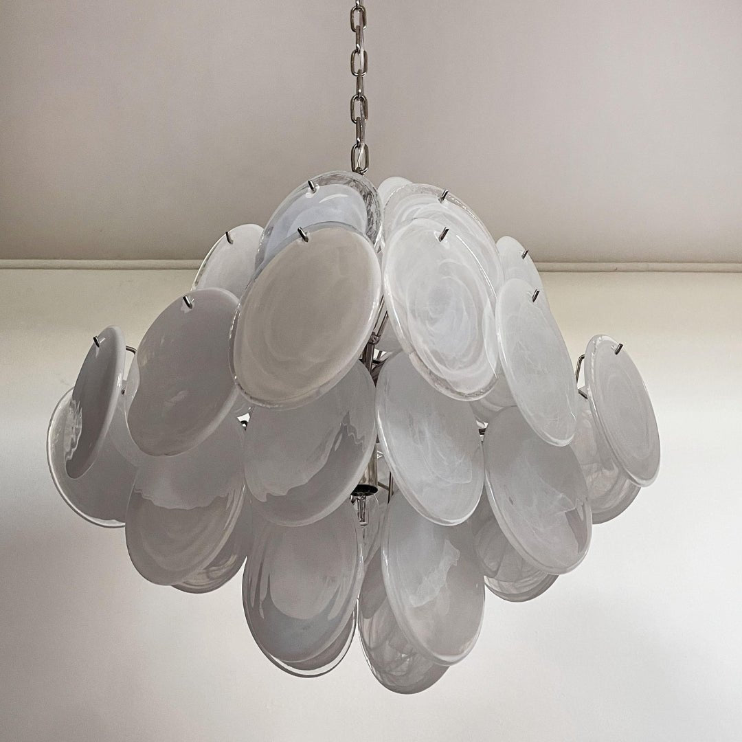 Isadora White Glass Disc Chandelier in Nickel Finish