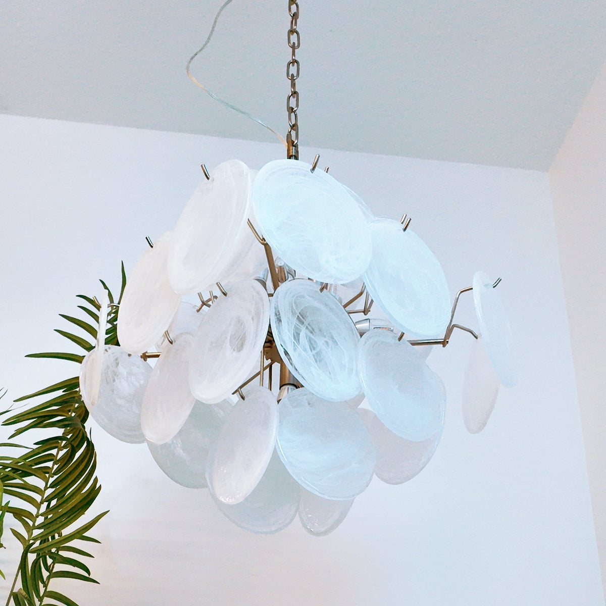 Isadora White Glass Disc Chandelier in Nickel Finish
