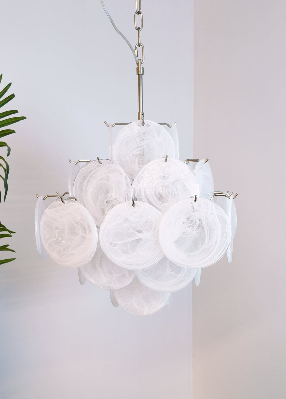 Isadora White Glass Disc Chandelier in Nickel Finish