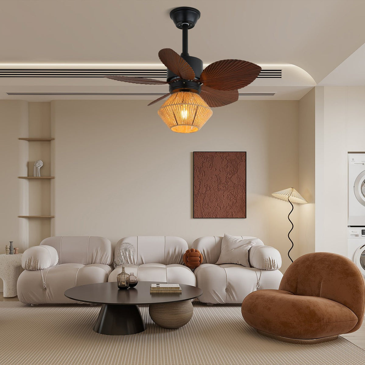 Isla Ceiling Fan Light with Wood Blades and Hemp Rope Shade