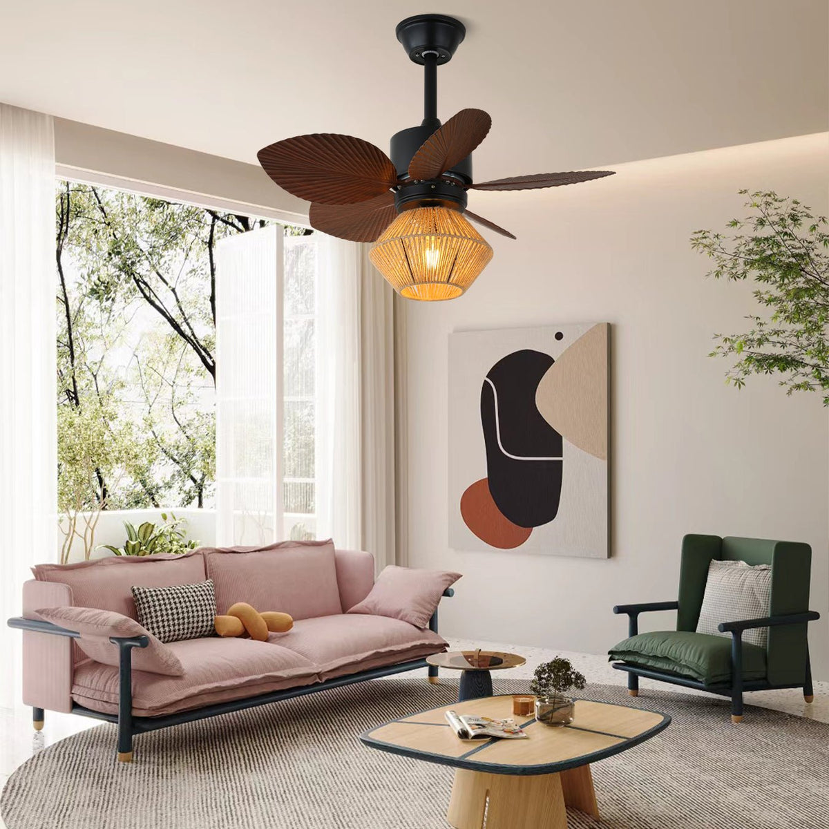 Isla Ceiling Fan Light with Wood Blades and Hemp Rope Shade