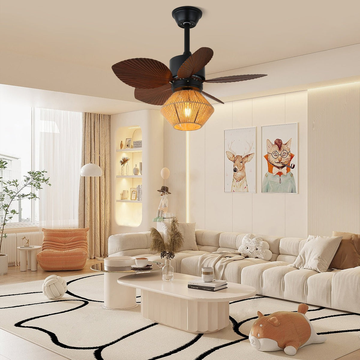 Isla Ceiling Fan Light with Wood Blades and Hemp Rope Shade