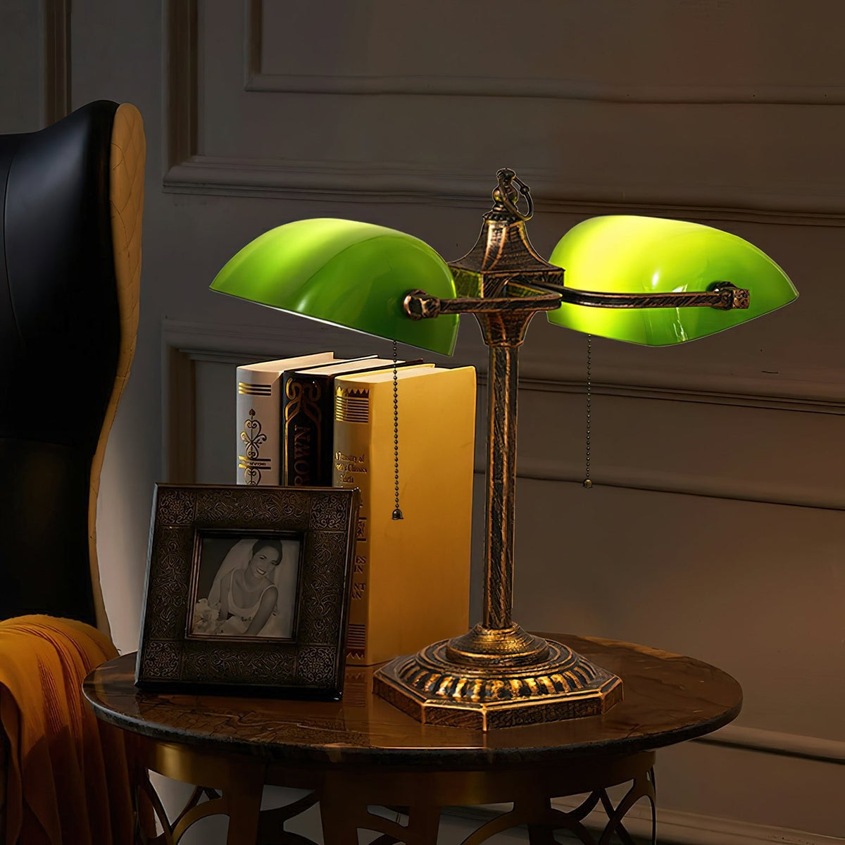 Jade Collection Bronze Table Lamp with Emerald Glass Shades