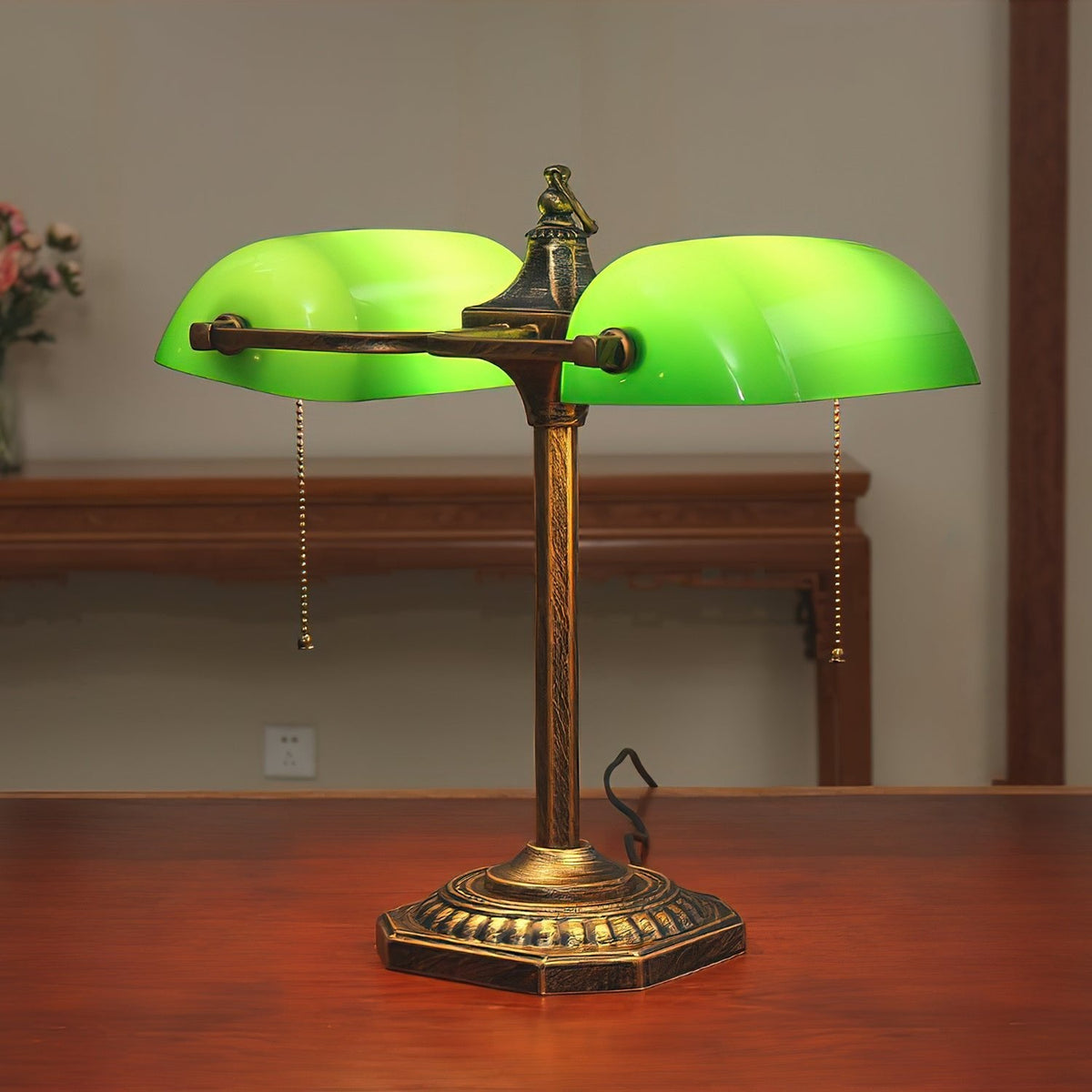 Jade Collection Bronze Table Lamp with Emerald Glass Shades
