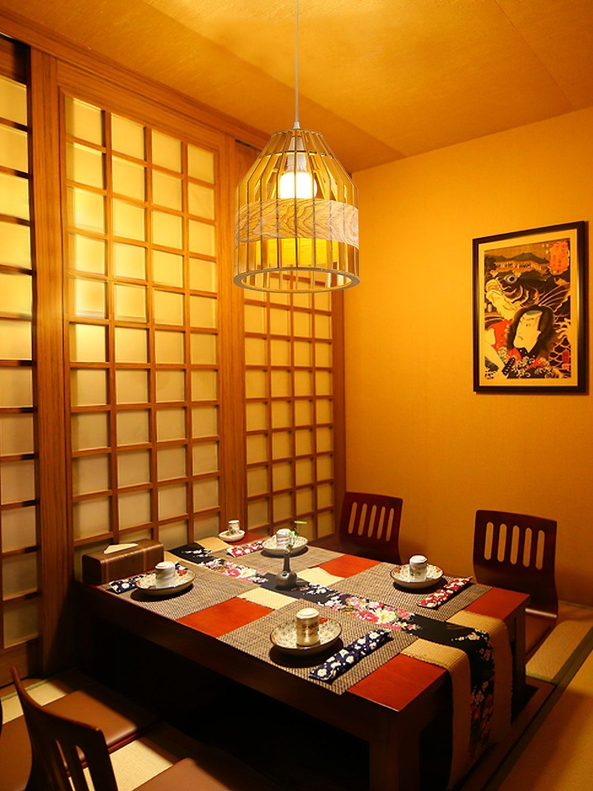 Japanese Wooden Bird Cage Pendant Light