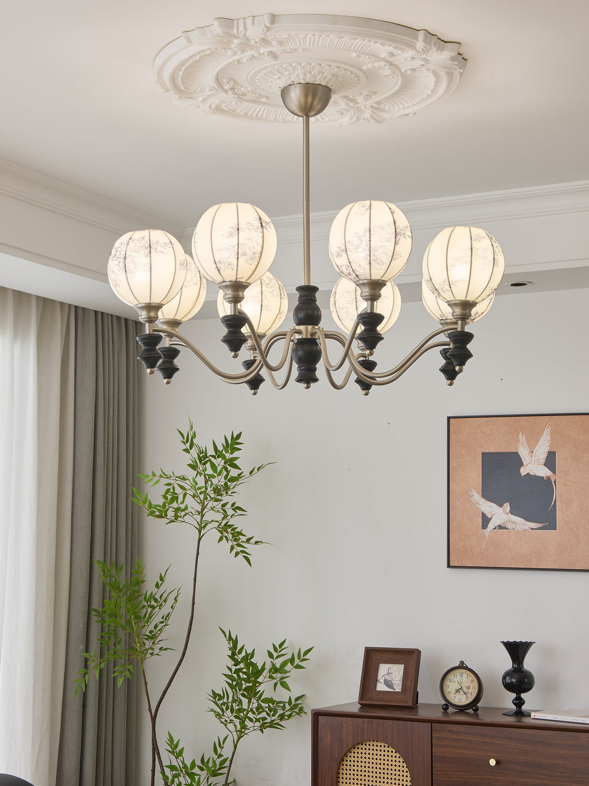 Juliette Fabric Chandelier – Modern Wood & Iron Pendant Light for Dining Room and Living Room