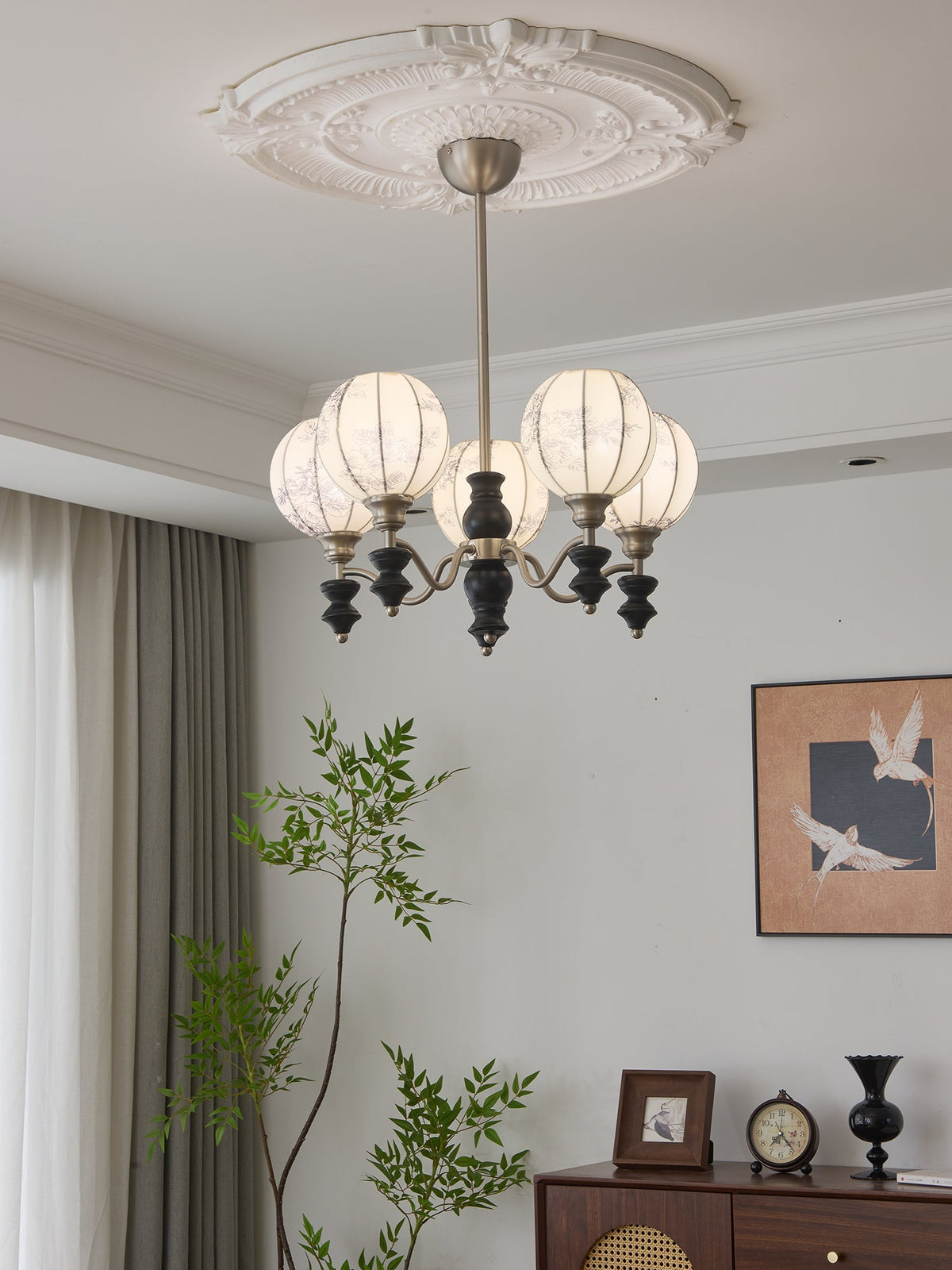 Juliette Fabric Chandelier – Modern Wood & Iron Pendant Light for Dining Room and Living Room