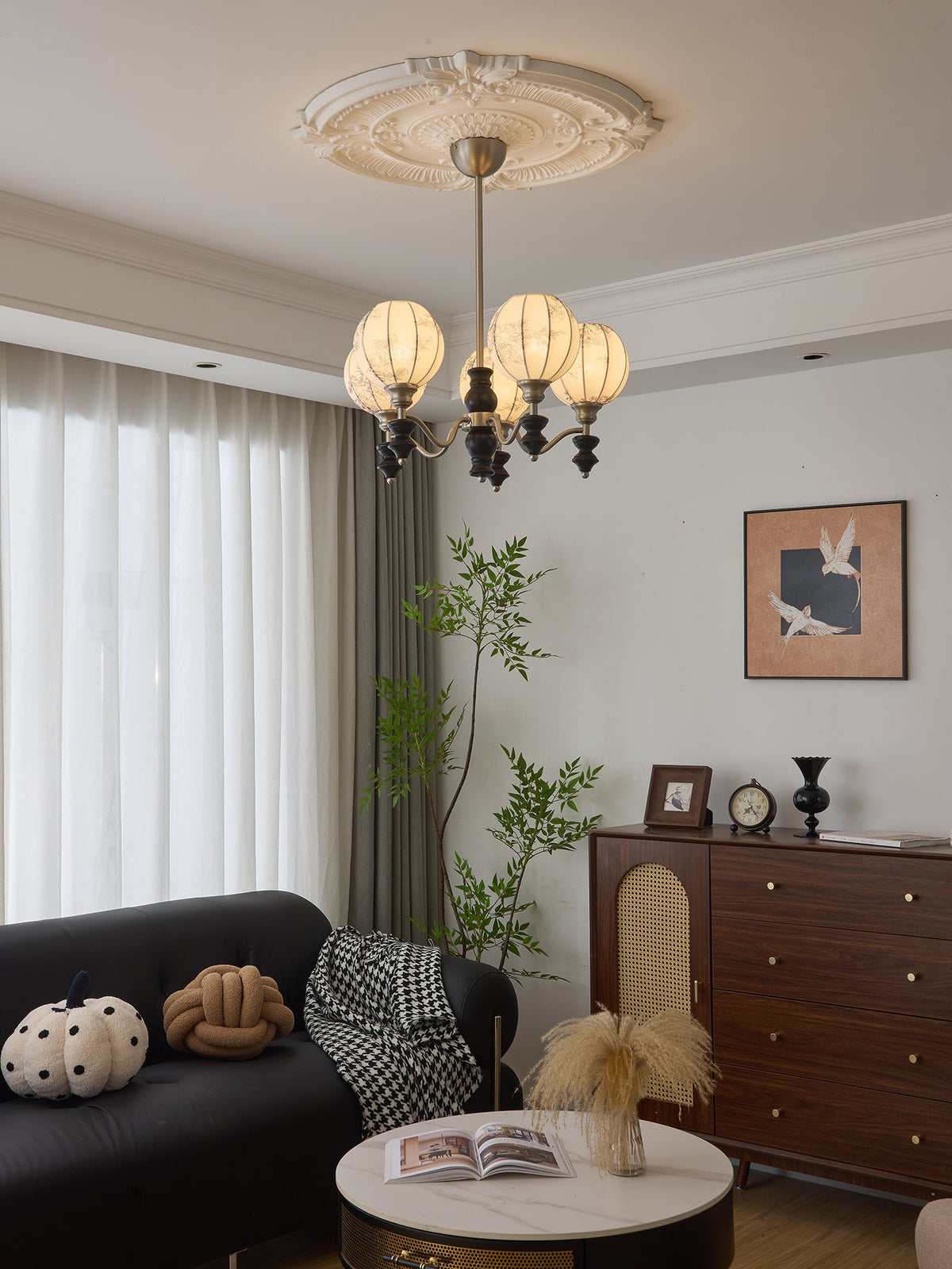 Juliette Fabric Chandelier – Modern Wood & Iron Pendant Light for Dining Room and Living Room