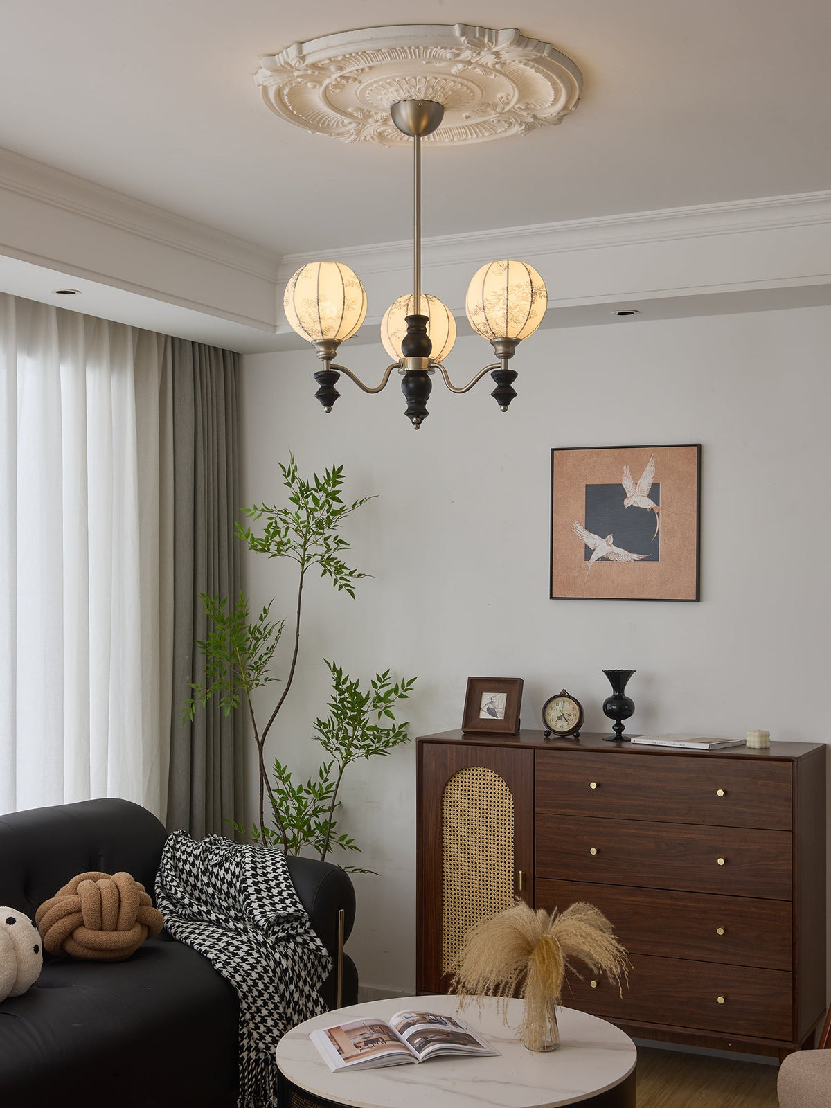 Juliette Fabric Chandelier – Modern Wood & Iron Pendant Light for Dining Room and Living Room