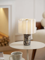 Orbis Veil Table Lamp – Sculptural Marble LED Lamp with Pleated Fabric Shade