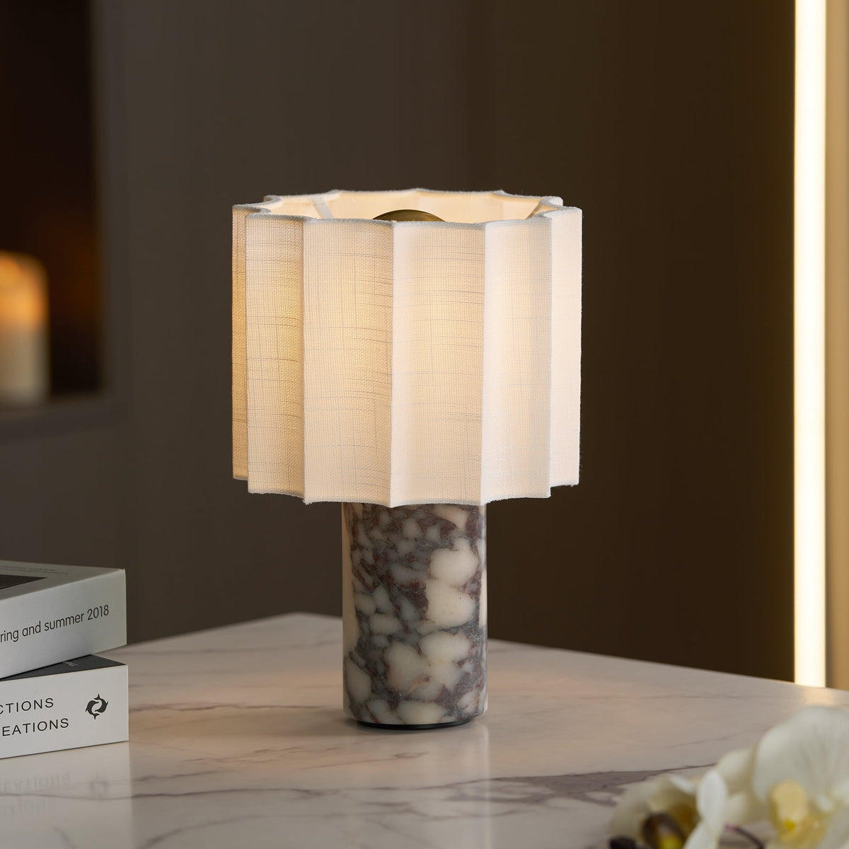 Orbis Veil Table Lamp – Sculptural Marble LED Lamp with Pleated Fabric Shade