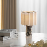 Orbis Veil Table Lamp – Sculptural Marble LED Lamp with Pleated Fabric Shade