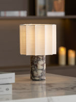 Orbis Veil Table Lamp – Sculptural Marble LED Lamp with Pleated Fabric Shade