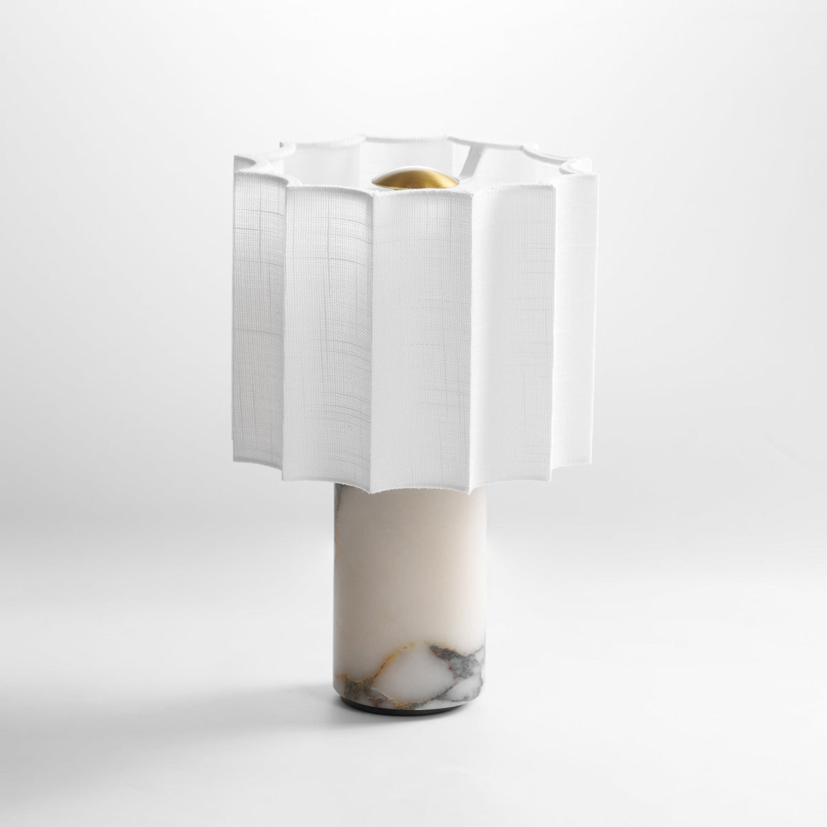 Orbis Veil Table Lamp – Sculptural Marble LED Lamp with Pleated Fabric Shade