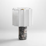 Orbis Veil Table Lamp – Sculptural Marble LED Lamp with Pleated Fabric Shade