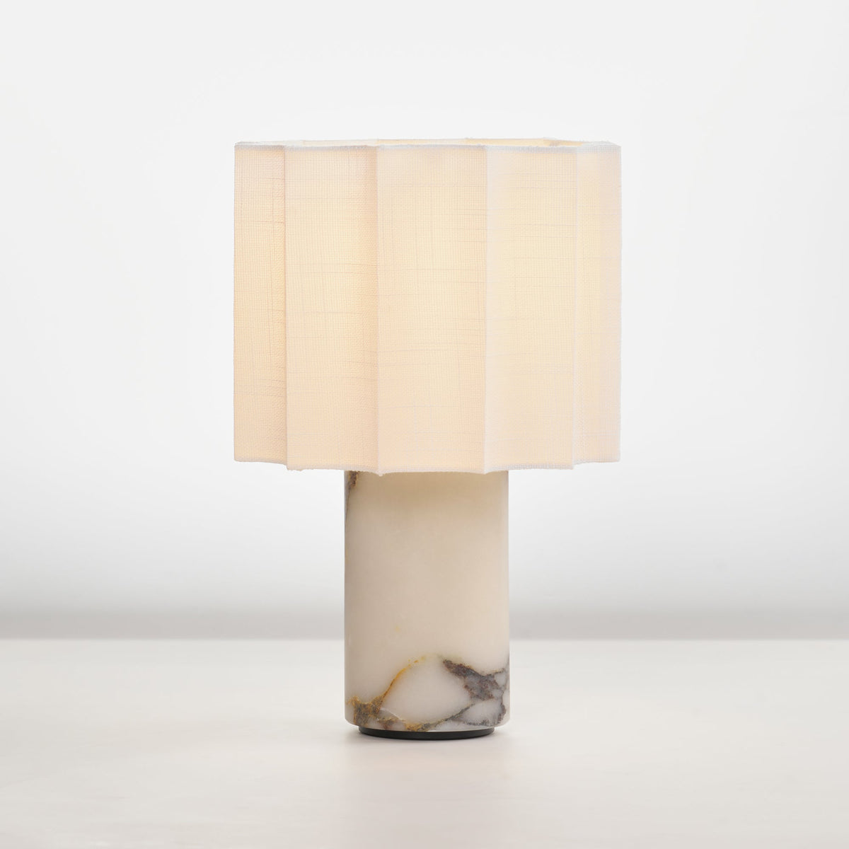 Orbis Veil Table Lamp – Sculptural Marble LED Lamp with Pleated Fabric Shade