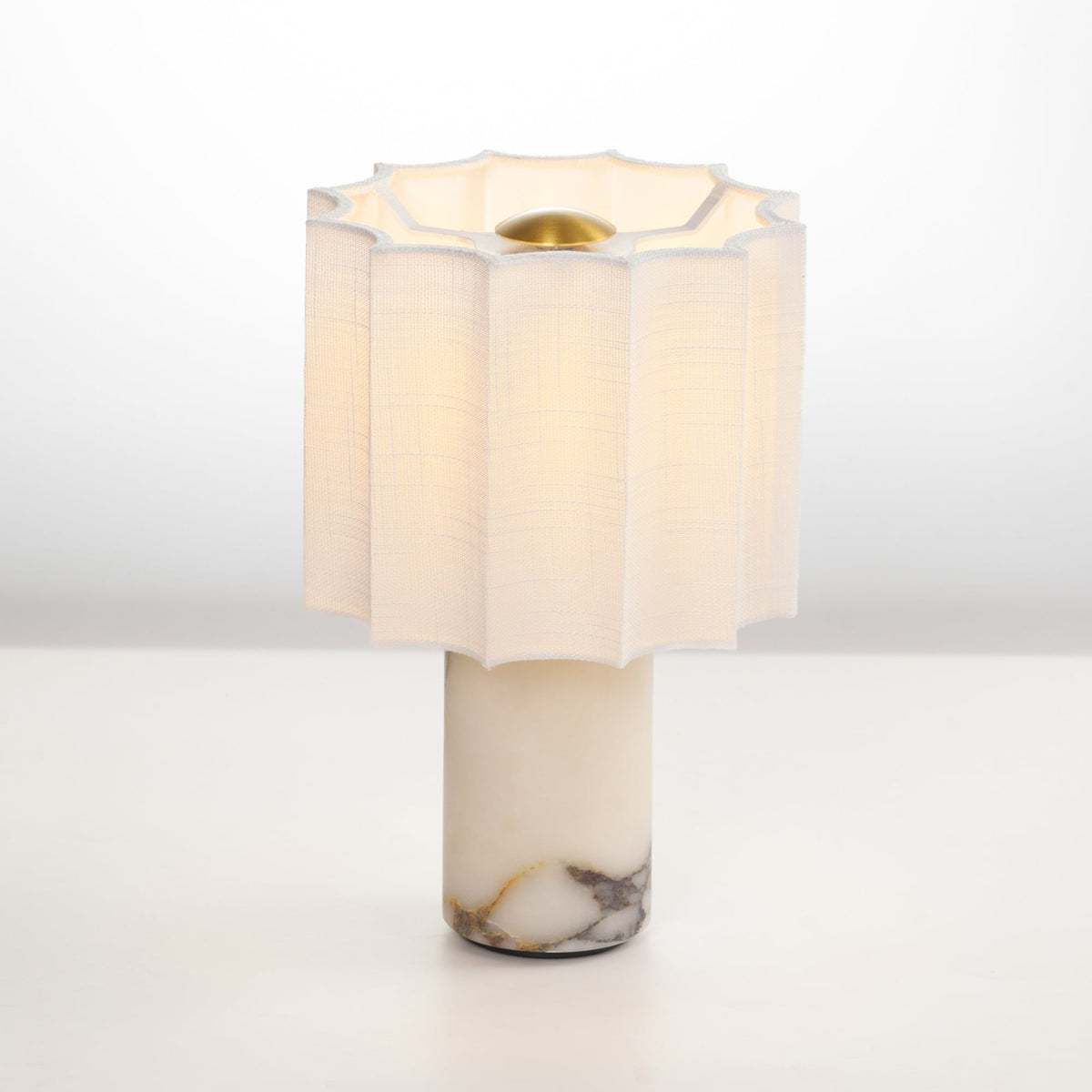 Orbis Veil Table Lamp – Sculptural Marble LED Lamp with Pleated Fabric Shade
