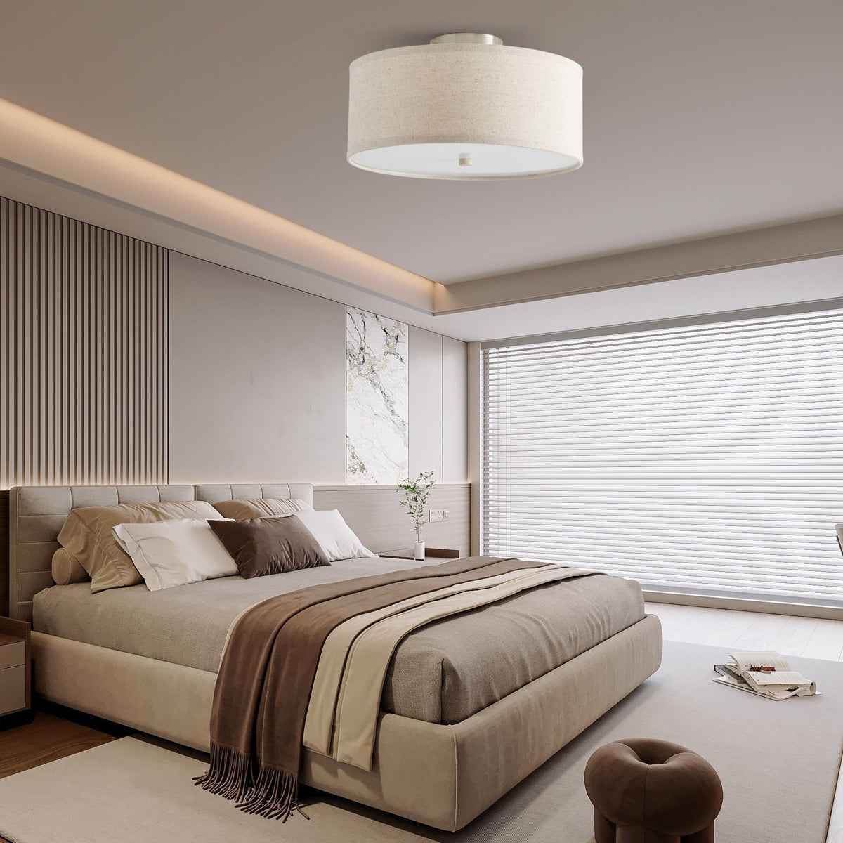 Kasha Linen Flush Mount Ceiling Light – Modern Minimalist Fabric Shade for Bedroom and Living Room