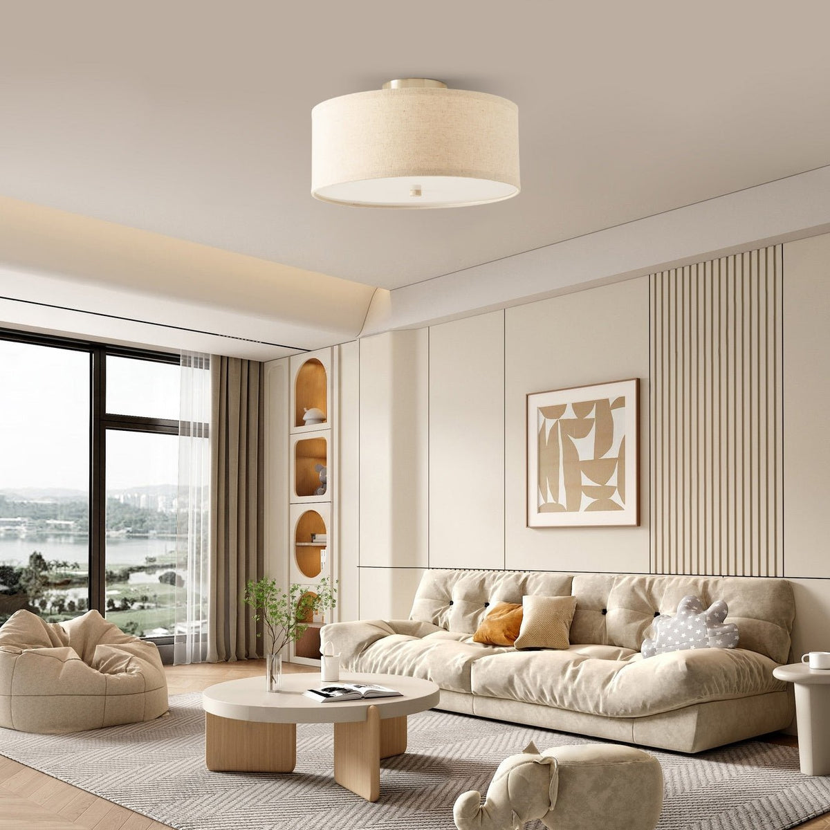 Kasha Linen Flush Mount Ceiling Light – Modern Minimalist Fabric Shade for Bedroom and Living Room