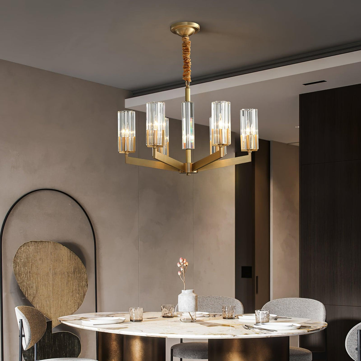 Kayla Brass Chandelier – Modern Glass Pendant Light for Dining Room & Living Room
