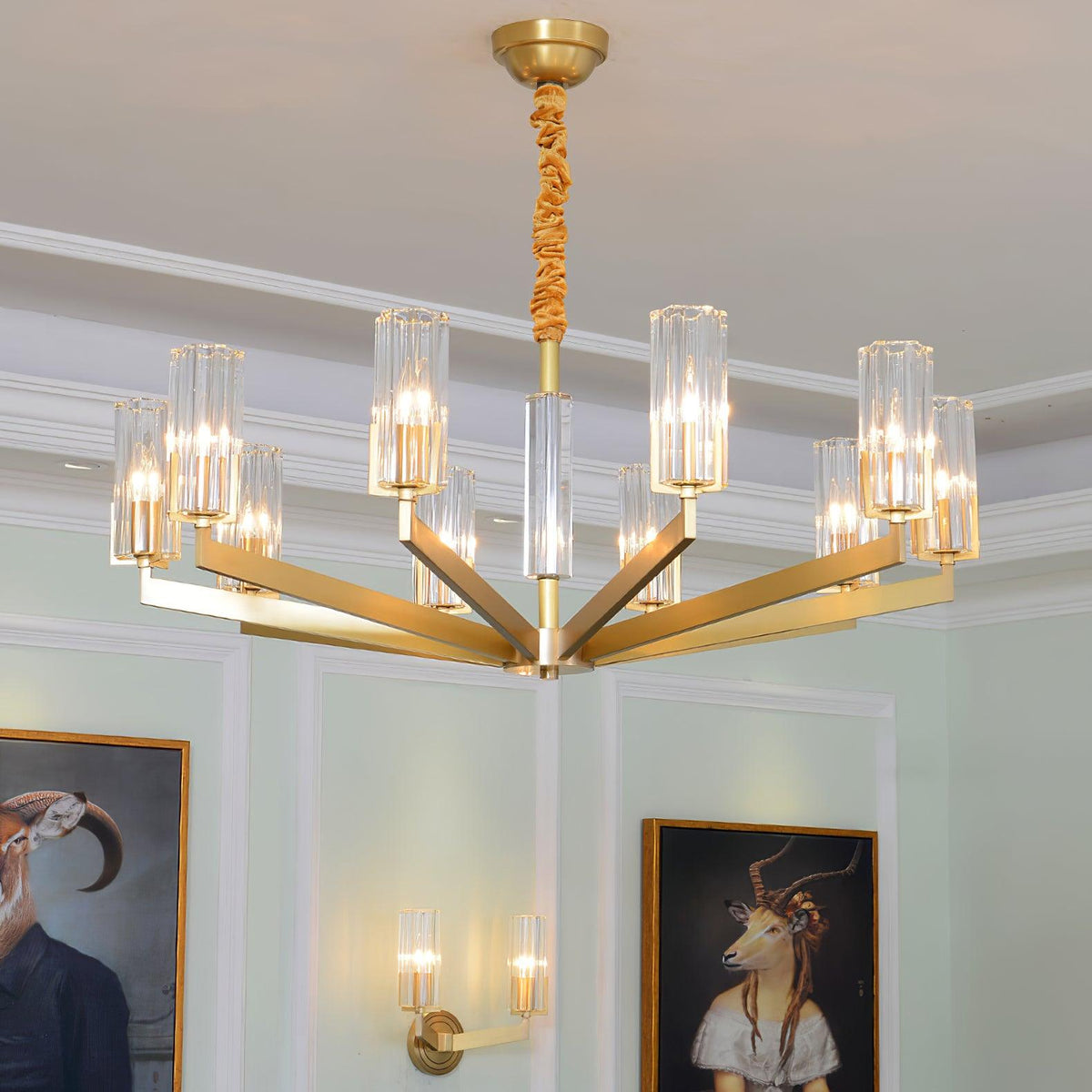 Kayla Brass Chandelier – Modern Glass Pendant Light for Dining Room & Living Room