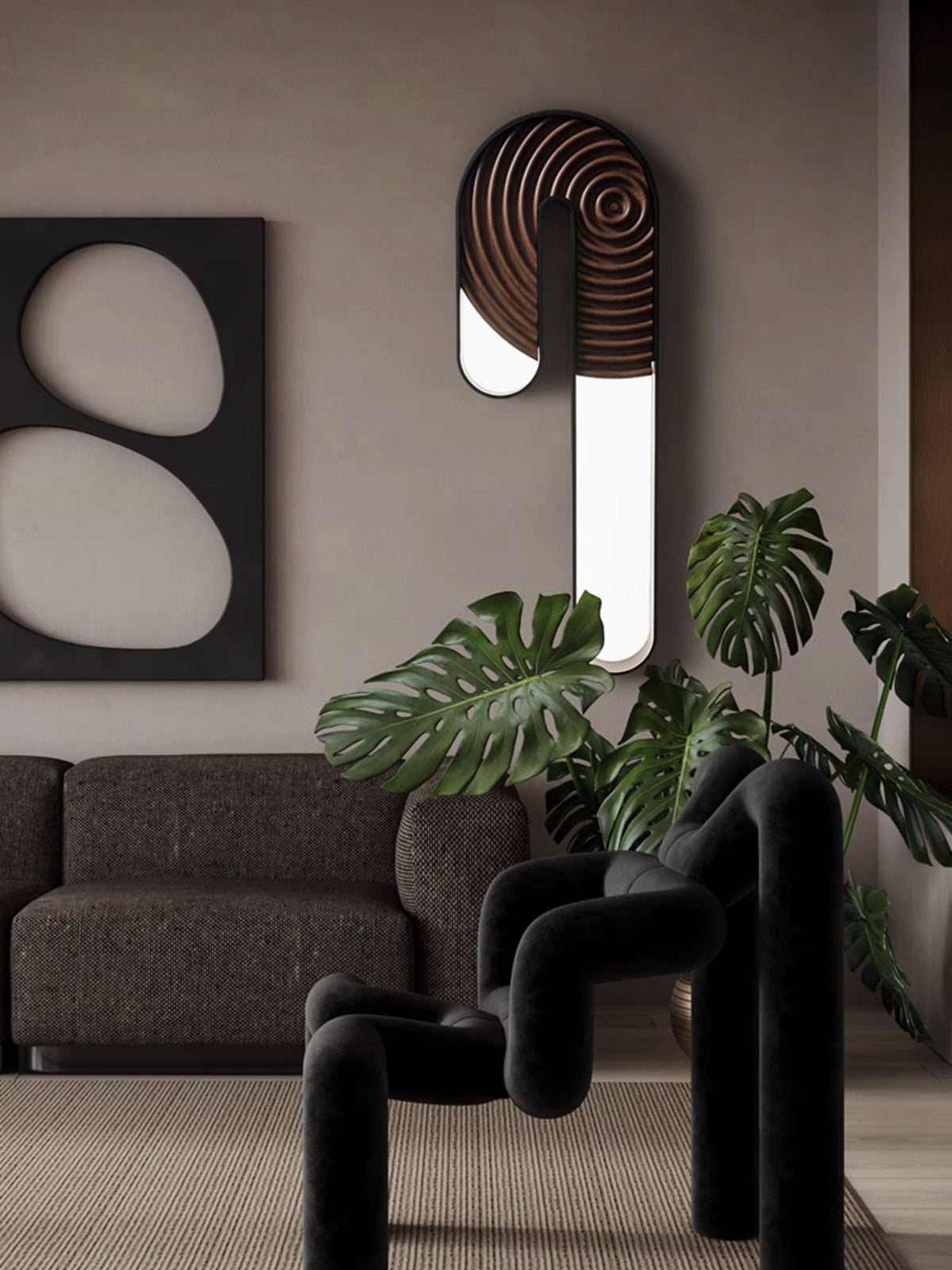 Kinetic Spiral Wall Sconce with LED Light in Black and Wood