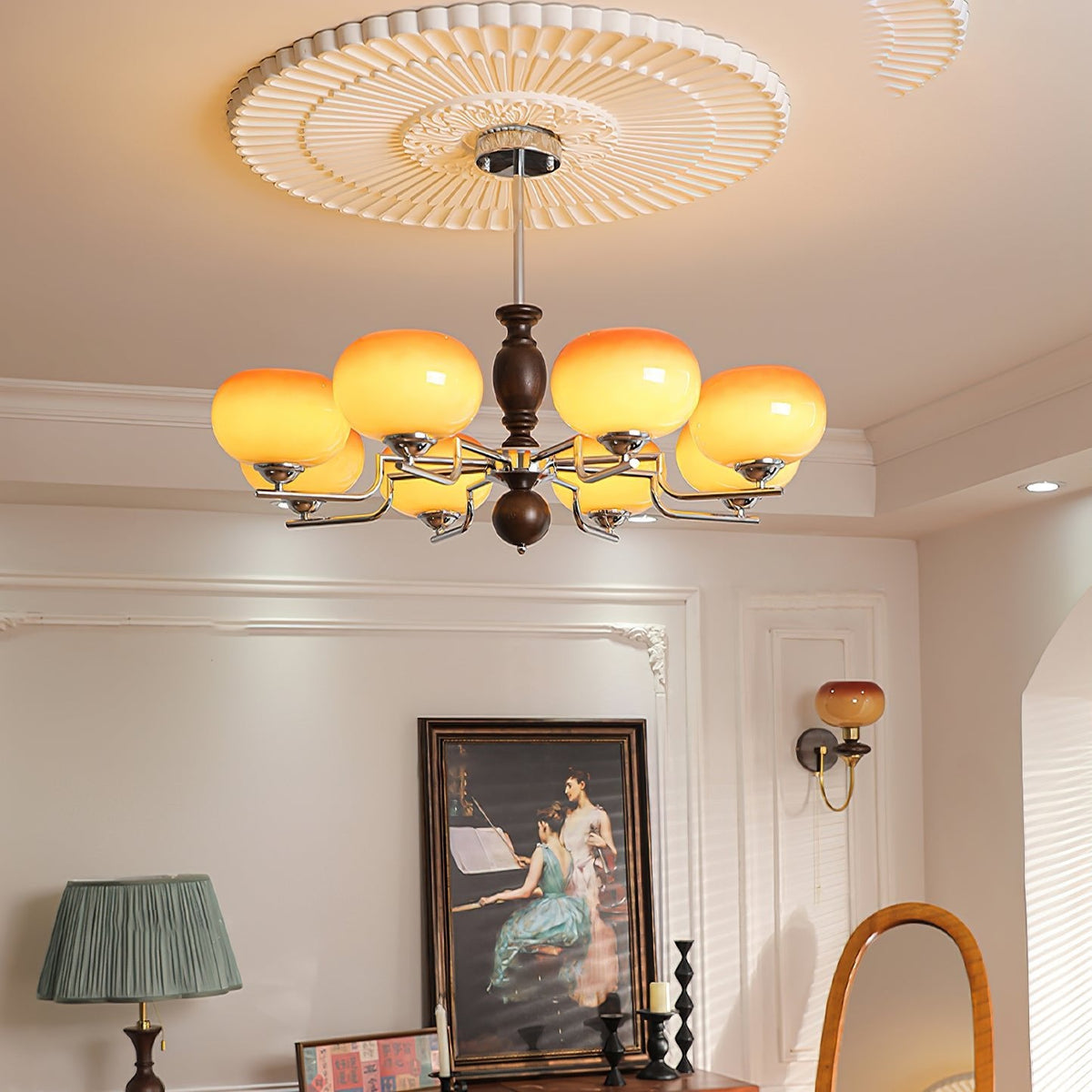 Kingsley Modern Glass Chandelier with Amber Globes for Dining Room and Living Room