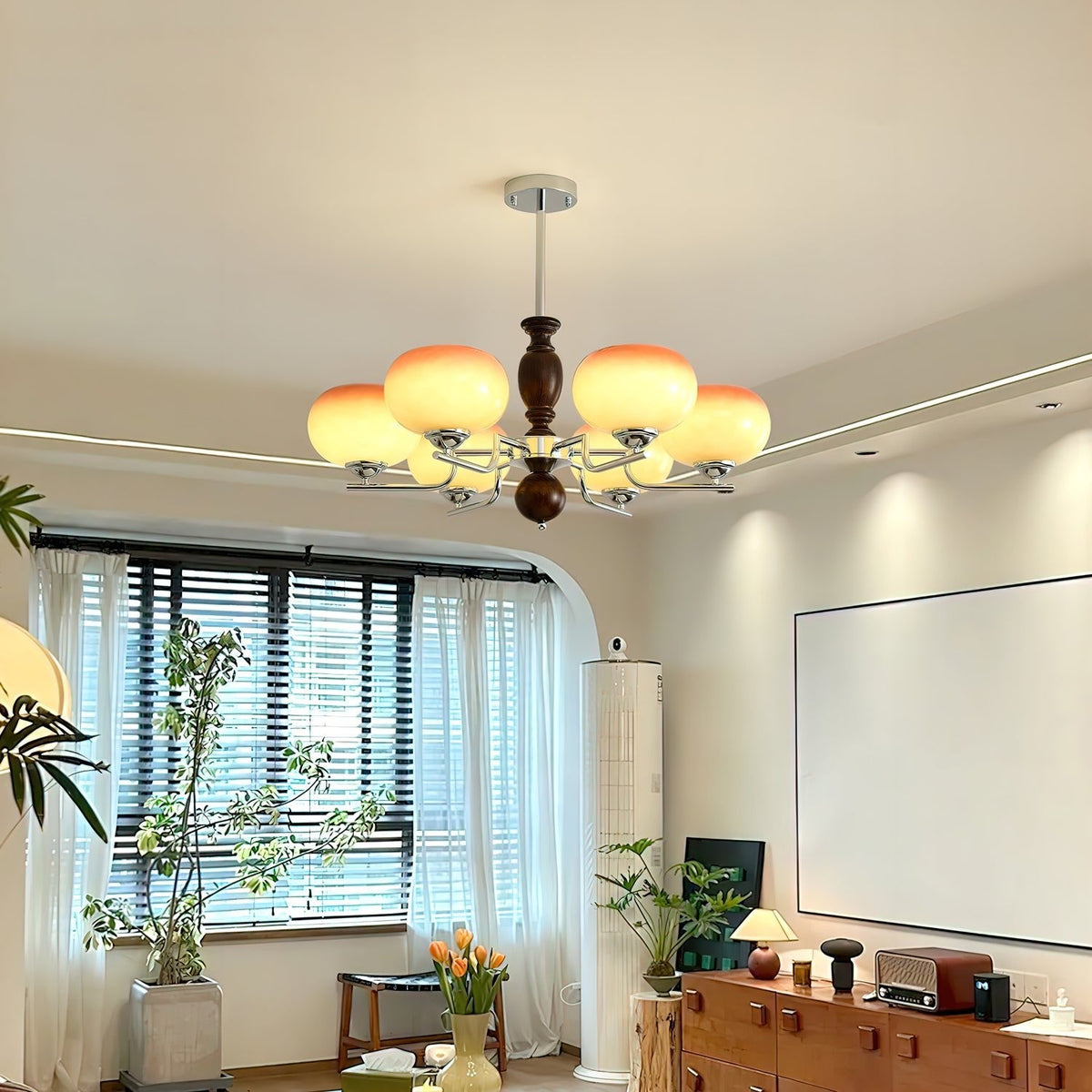 Kingsley Modern Glass Chandelier with Amber Globes for Dining Room and Living Room