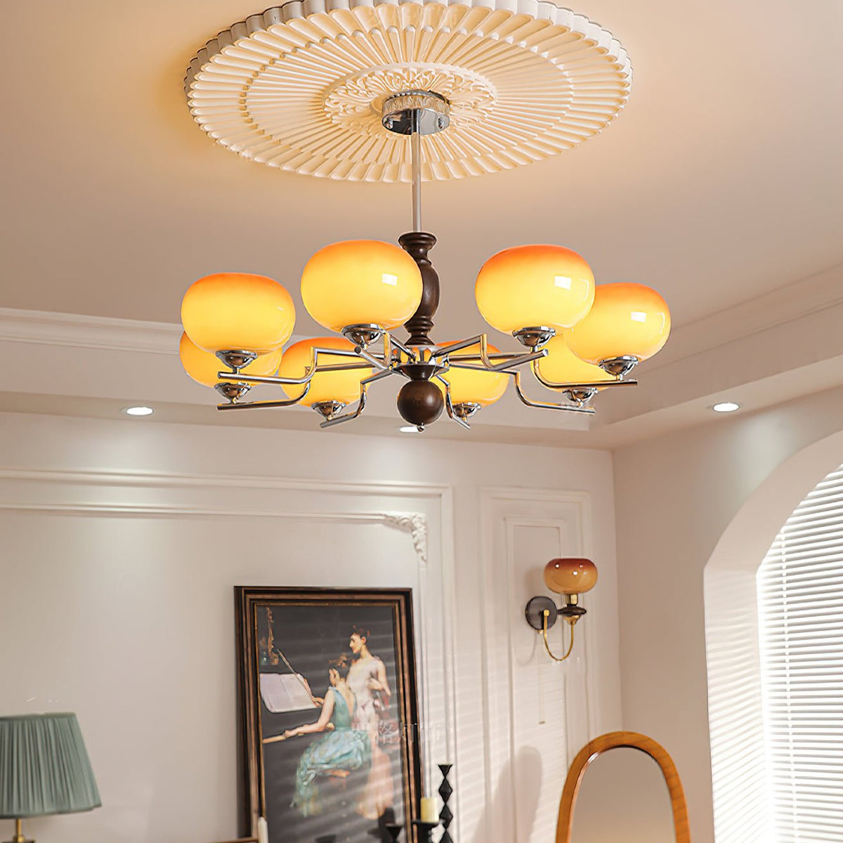 Kingsley Modern Glass Chandelier with Amber Globes for Dining Room and Living Room