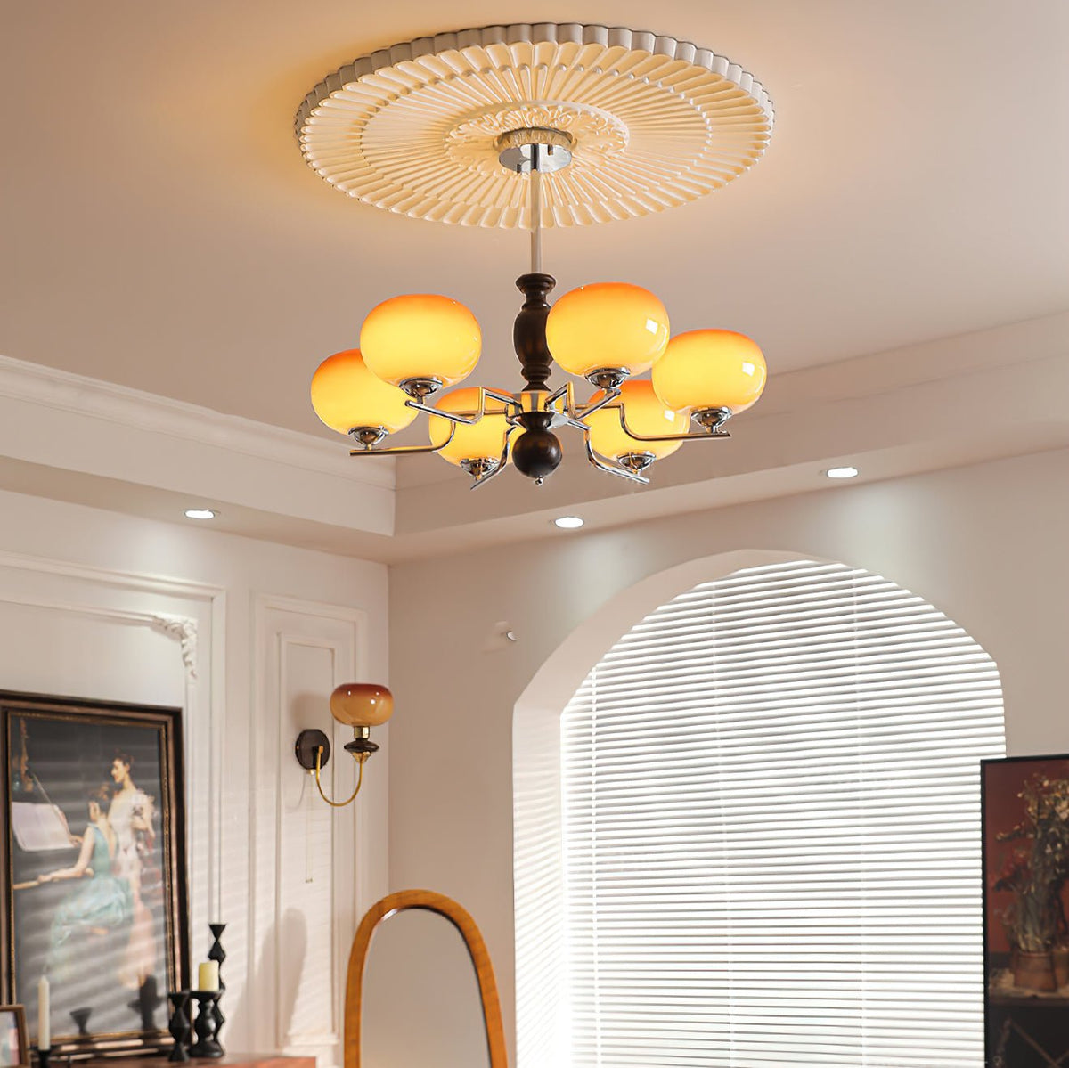 Kingsley Modern Glass Chandelier with Amber Globes for Dining Room and Living Room