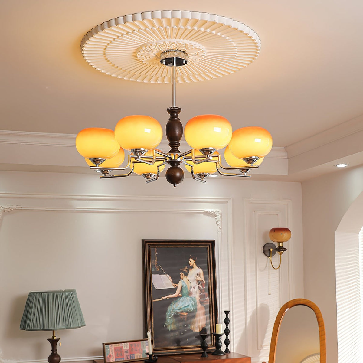 Kingsley Modern Glass Chandelier with Amber Globes for Dining Room and Living Room